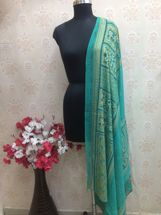 Designer Teal Blue Gold Printed Georgette Dupatta