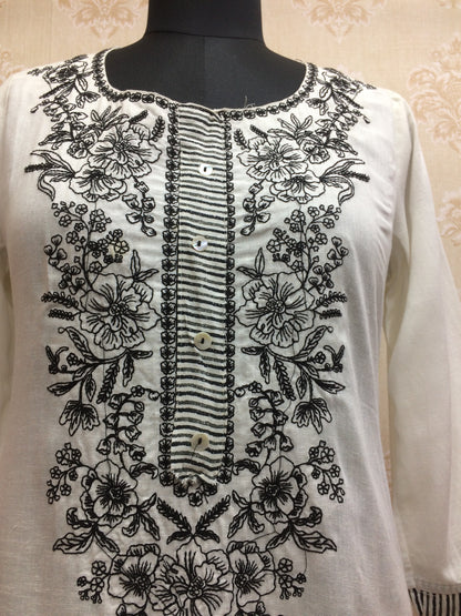 Elegant White Cotton Kurti with Black Floral & Thread Embroidery