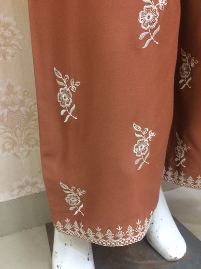 Elegant Embroidered rust and brown rayon Suit Set with Printed Dupatta