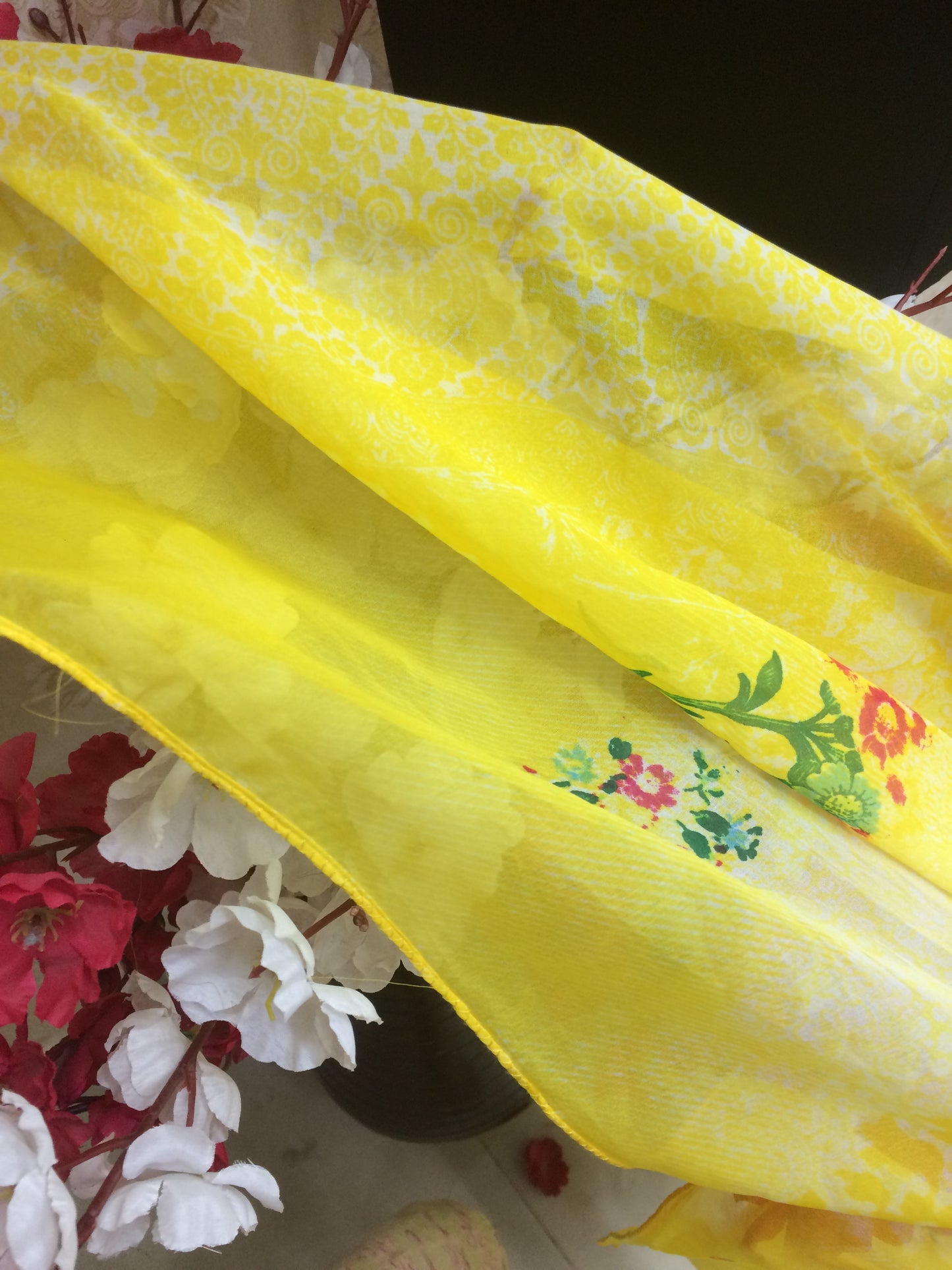 Bright Yellow Floral Printed Chiffon Dupatta