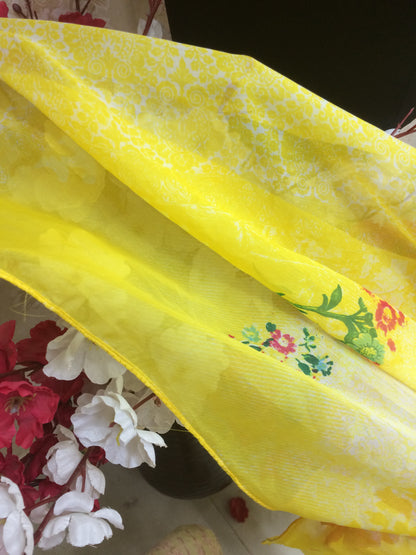 Bright Yellow Floral Printed Chiffon Dupatta