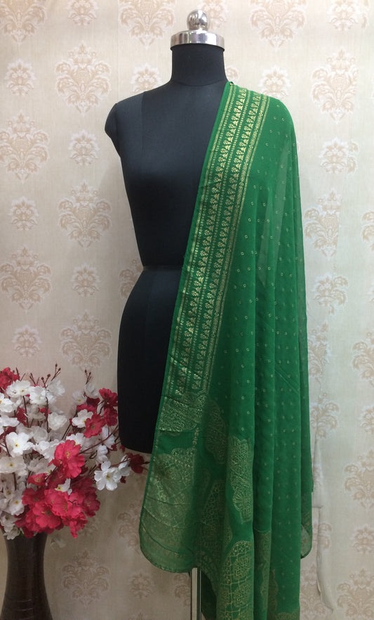 Green Chiffon Dupatta with Gold Bandhani Print