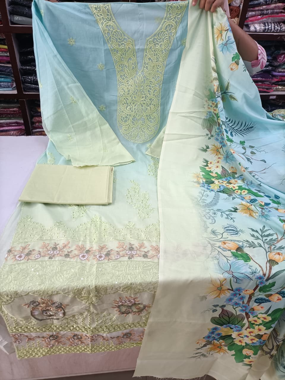 Chikankari Unstitched Suit Set with Floral Digital Print Dupatta