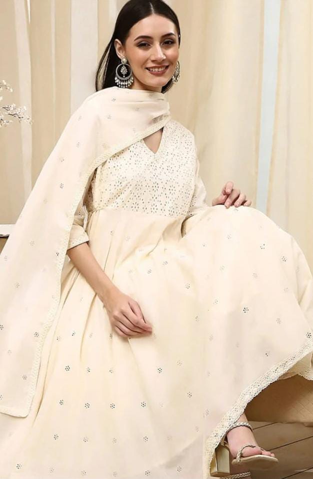 Ivory Cotton Chikankari Style Anarkali Kurta Set