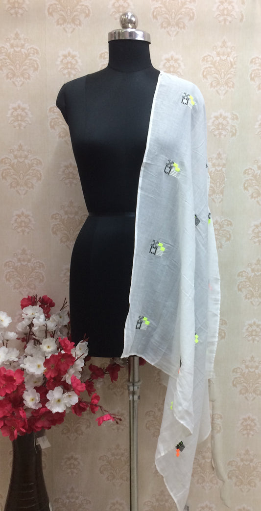 White Cotton Voile Stole with Neon Motif Embroidery