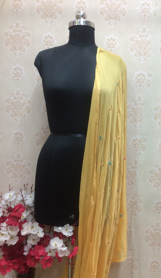 Vibrant Mustard Yellow Chiffon Dupatta with Multicolored Booti Work