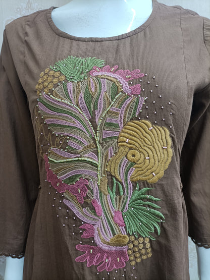 Elegant Earth Brown Embroidered Cotton Blend Kurta Set with Dupatta