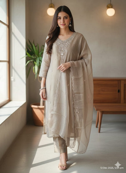 Elegant Beige Sequin & Zari Work Kurta Set with Organza Dupatta