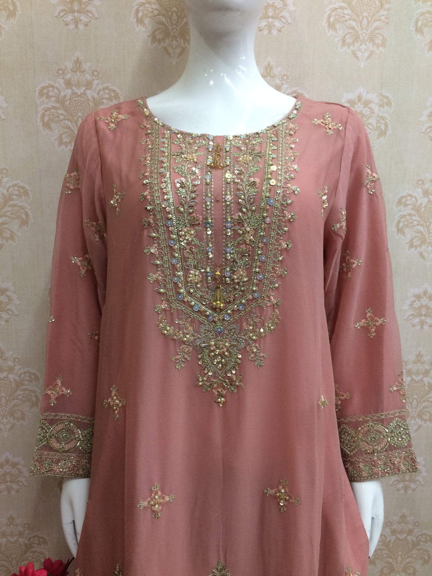 Luxury Dusty Rose Pink Embroidered Chiffon Salwar Kameez Suit - Heavy Zari Work Ready to Wear Pakistani