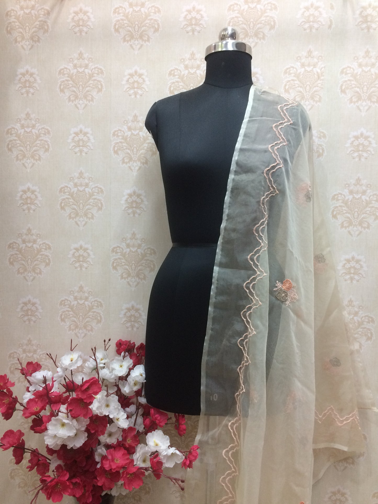 Cream Net Dupatta with Peach Floral Work