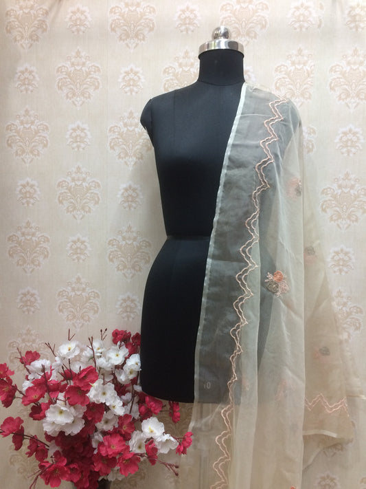 Cream Net Dupatta with Peach Floral Work
