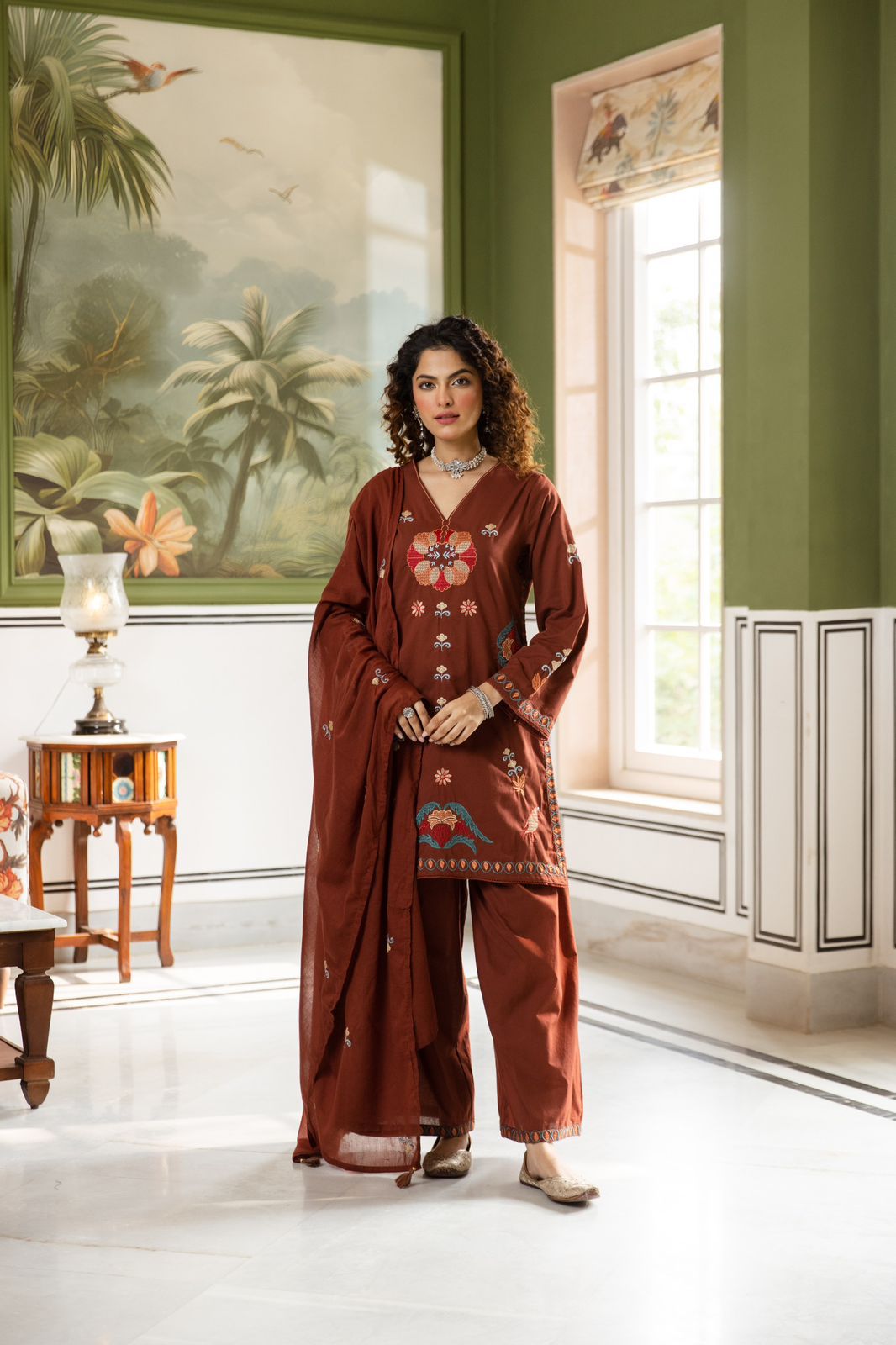 Rich Burnt Sienna Embroidered Cotton Suit Set