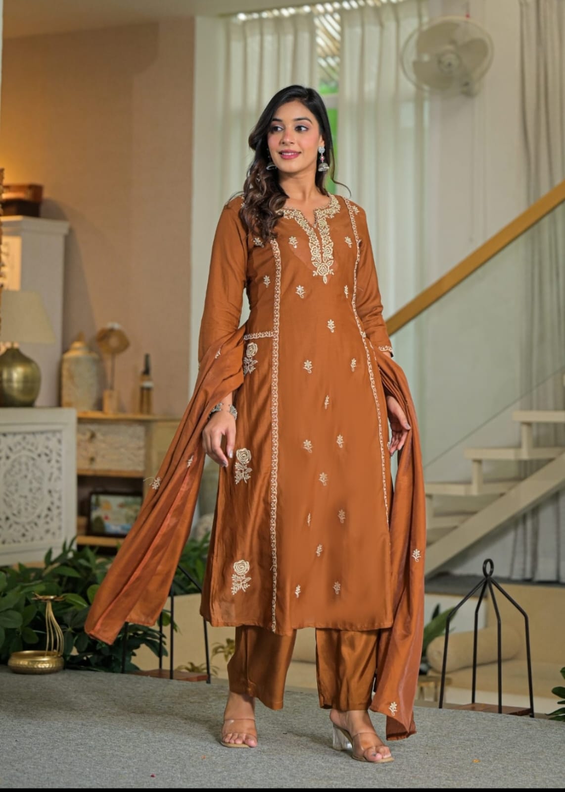 Rust orange embroidered cotton kurta set with dupatta