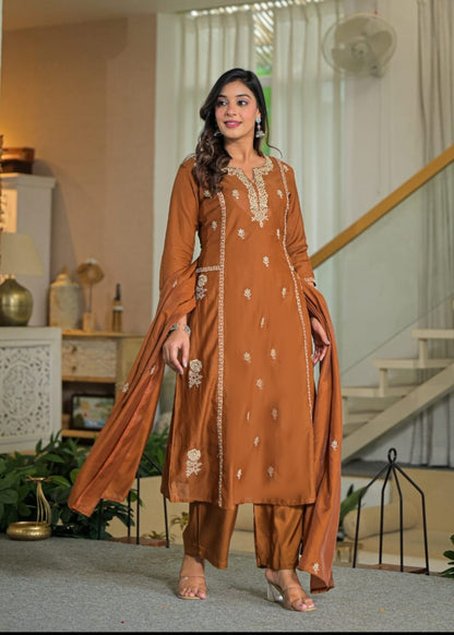 Rust orange embroidered cotton kurta set with dupatta