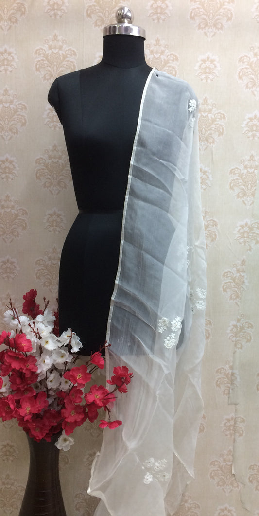 White Organza Dupatta with Floral Embroidery