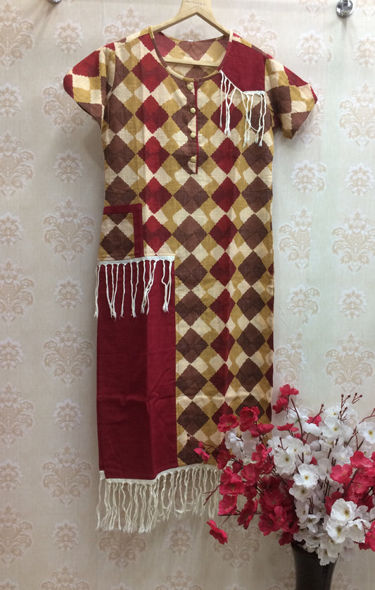 Maroon & Brown Argyle Print Cotton Kurti with Tassel Detailing