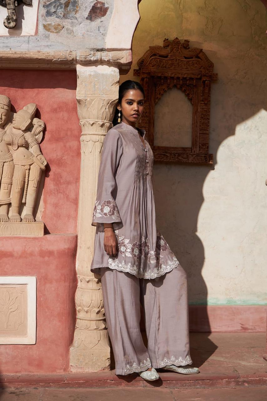 Dusty Mauve Embroidered Kurti & Wide-Leg Trouser Set