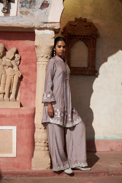 Dusty Mauve Embroidered Kurti & Wide-Leg Trouser Set