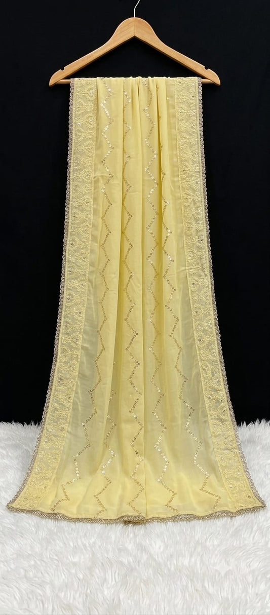 Soft Yellow Embroidered Chiffon Dupatta with Lace Border