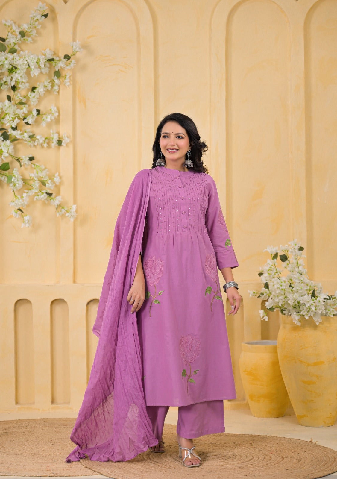 Fatema Pastel Mauve Cotton Kurta Set pleated yoke