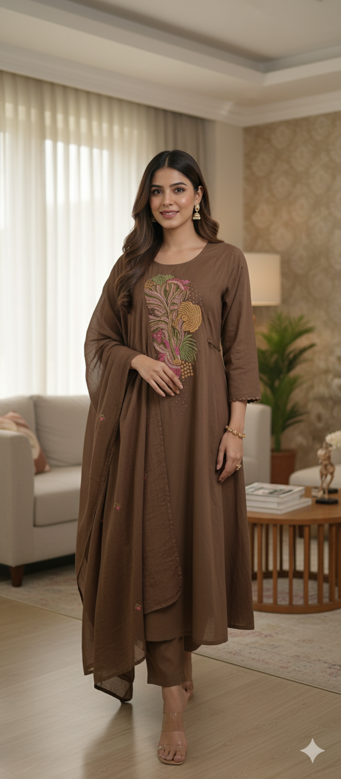 Elegant Earth Brown Embroidered Cotton Blend Kurta Set with Dupatta