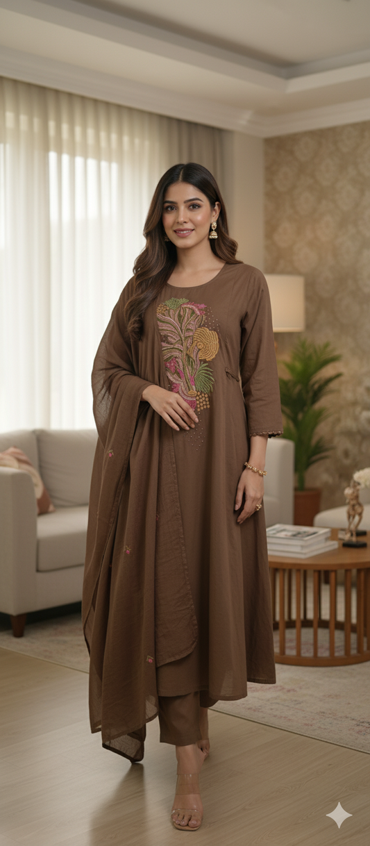 Elegant Earth Brown Embroidered Cotton Blend Kurta Set with Dupatta