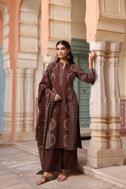 Nilofar Coffee Brown Bandhani Print Kurta Palazzo Set