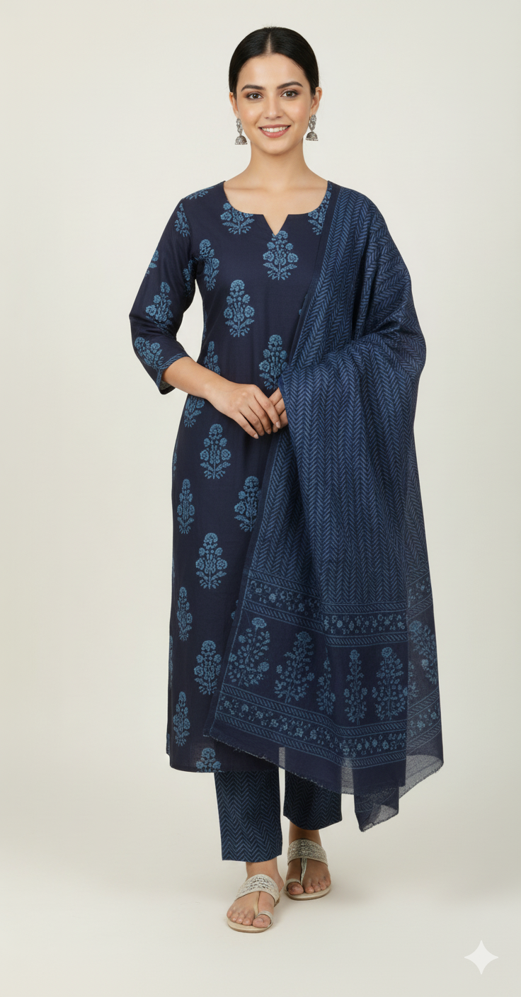 Blue Cotton Printed Suit Set with Dupatta