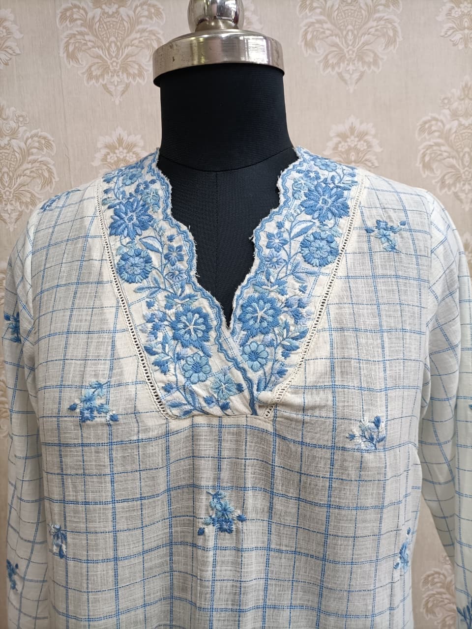 White & Blue Embroidered V-Neck Kurti with Check Pattern