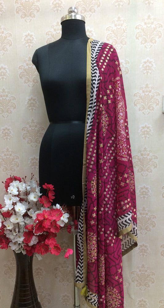Magenta floral Print Dupatta with Gold and Black Border