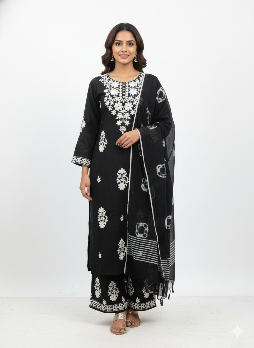 Black Cotton Floral Embroidered Suit Set with chiffon Dupatta