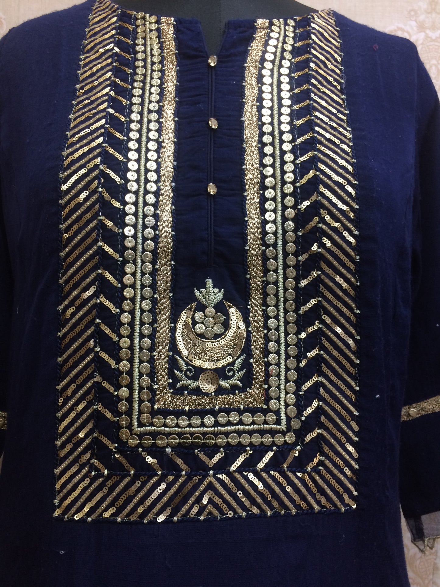 Regal Navy Blue Rayon Kurti with Heavy Gold Sequin & Zari Yoke