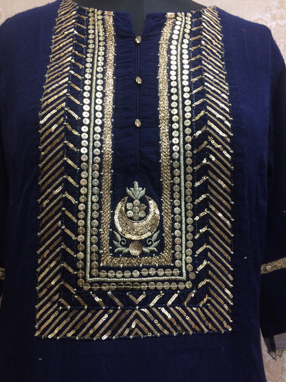 Regal Navy Blue Rayon Kurti with Heavy Gold Sequin & Zari Yoke