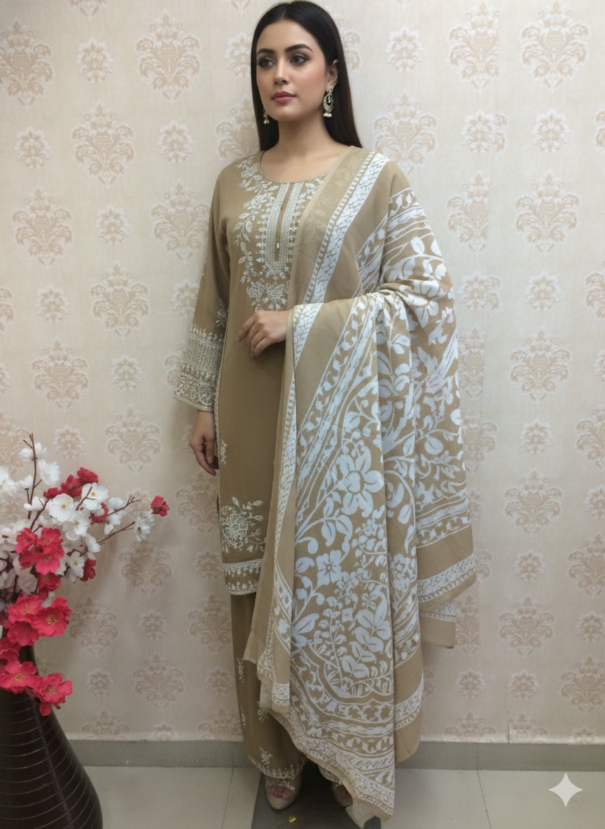 Luxury Beige Embroidered 3-Piece Suit