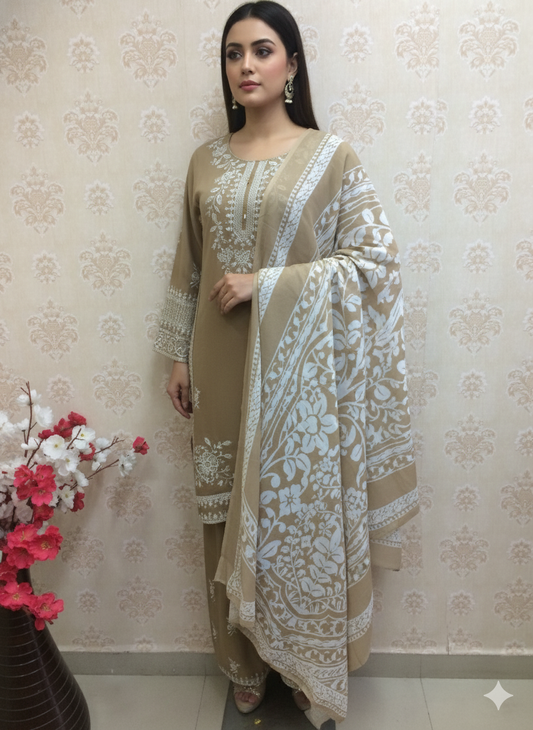 Luxury Beige Embroidered 3-Piece Suit