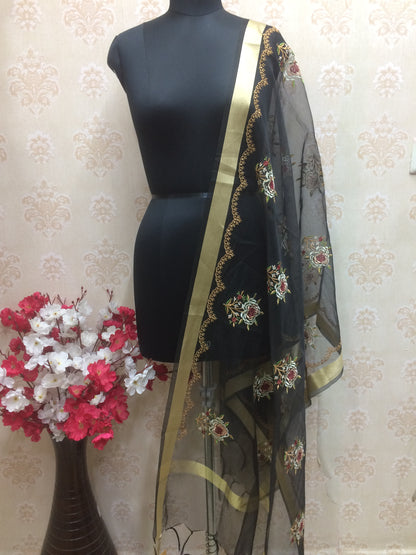 Organza Dupatta with Multi-Color Resham Floral Embroidery & Gold Trim