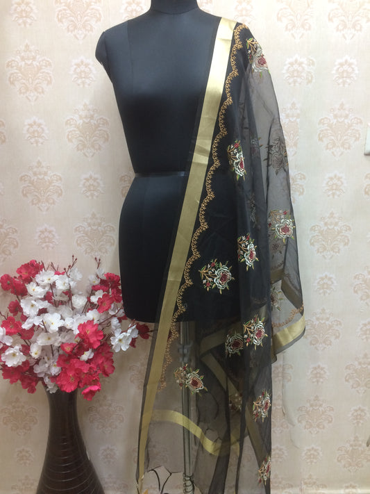 Organza Dupatta with Multi-Color Resham Floral Embroidery & Gold Trim