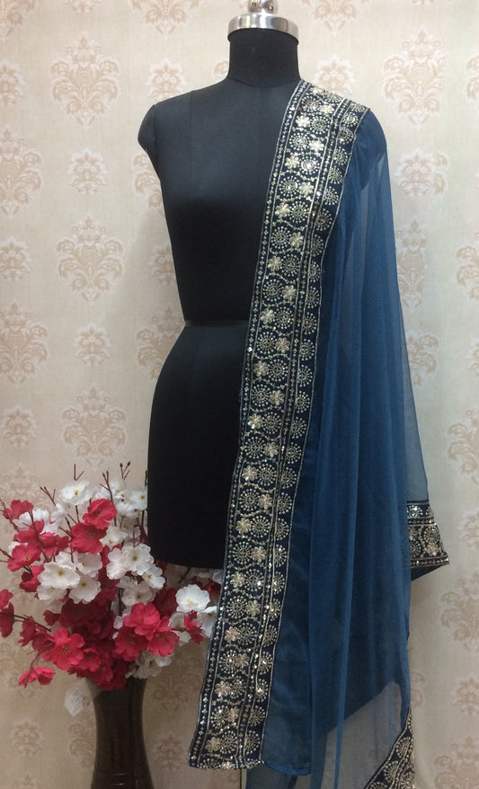 Teal Net Dupatta with Heavy Sequin & Zari Embroidery