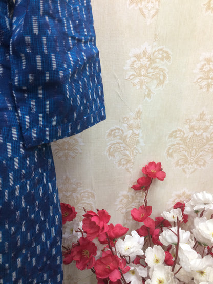Indigo Blue Ikat Style Printed Cotton Kurti with Adjustable Waist Tie-Up