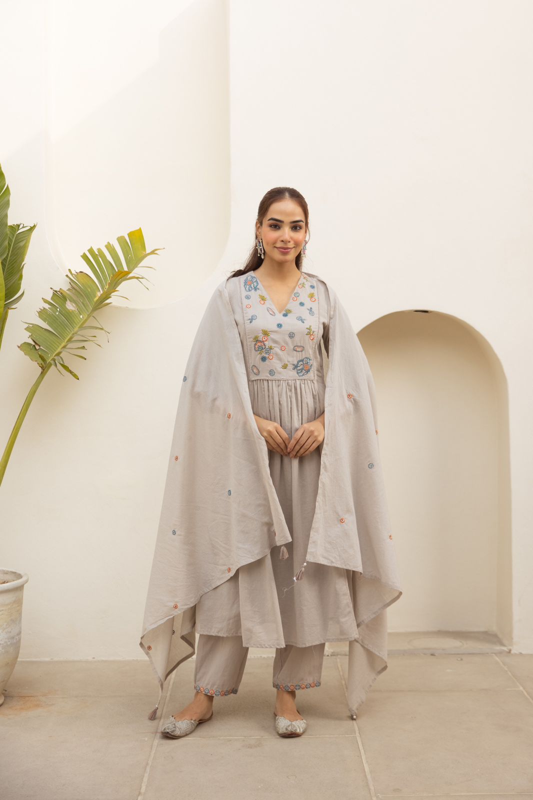 BelleFloral Meadow Embroidered Cotton Anarkali Set