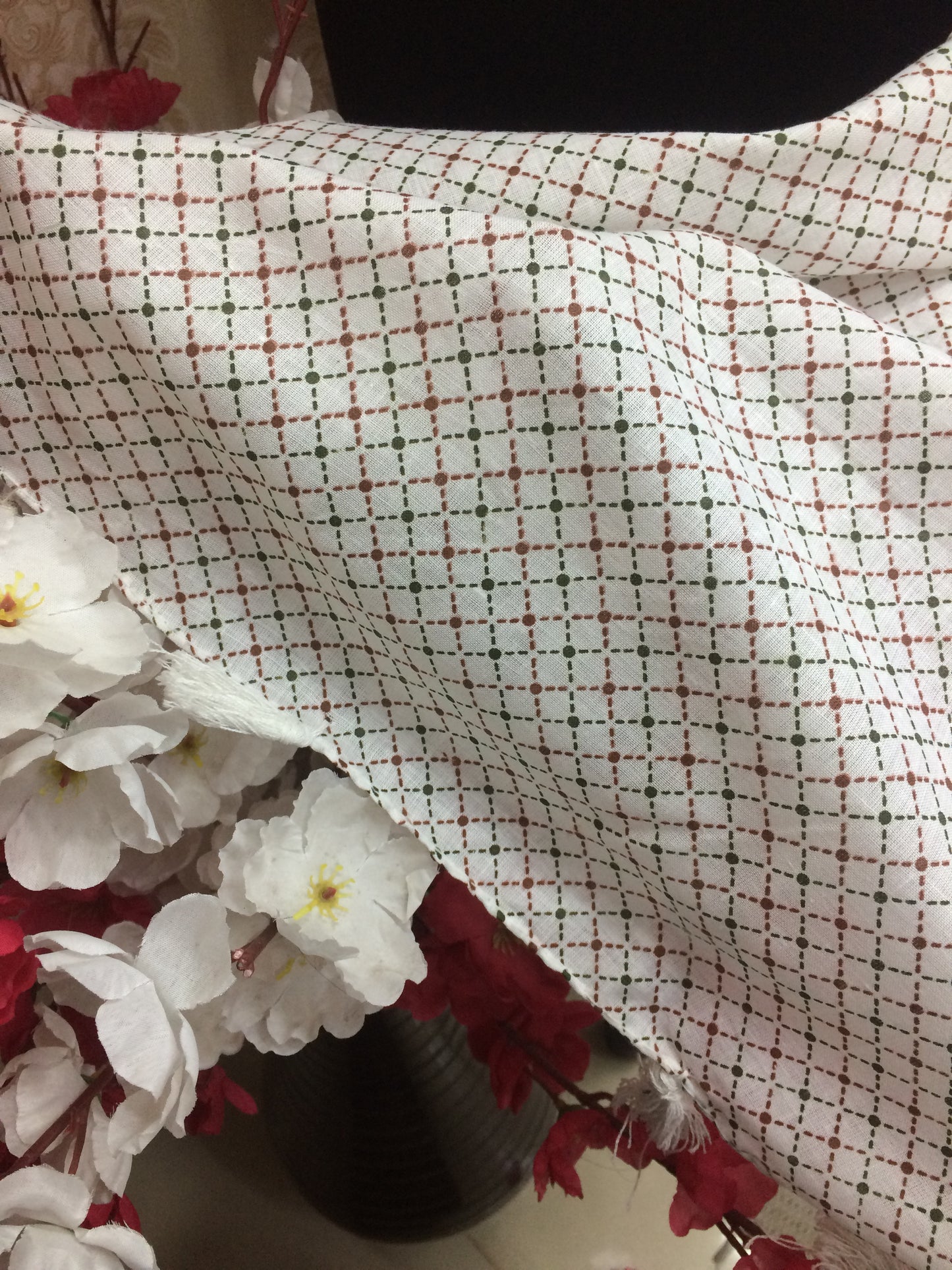 Classic White Cotton Dupatta with Black Micro-Dot / Jaal Print