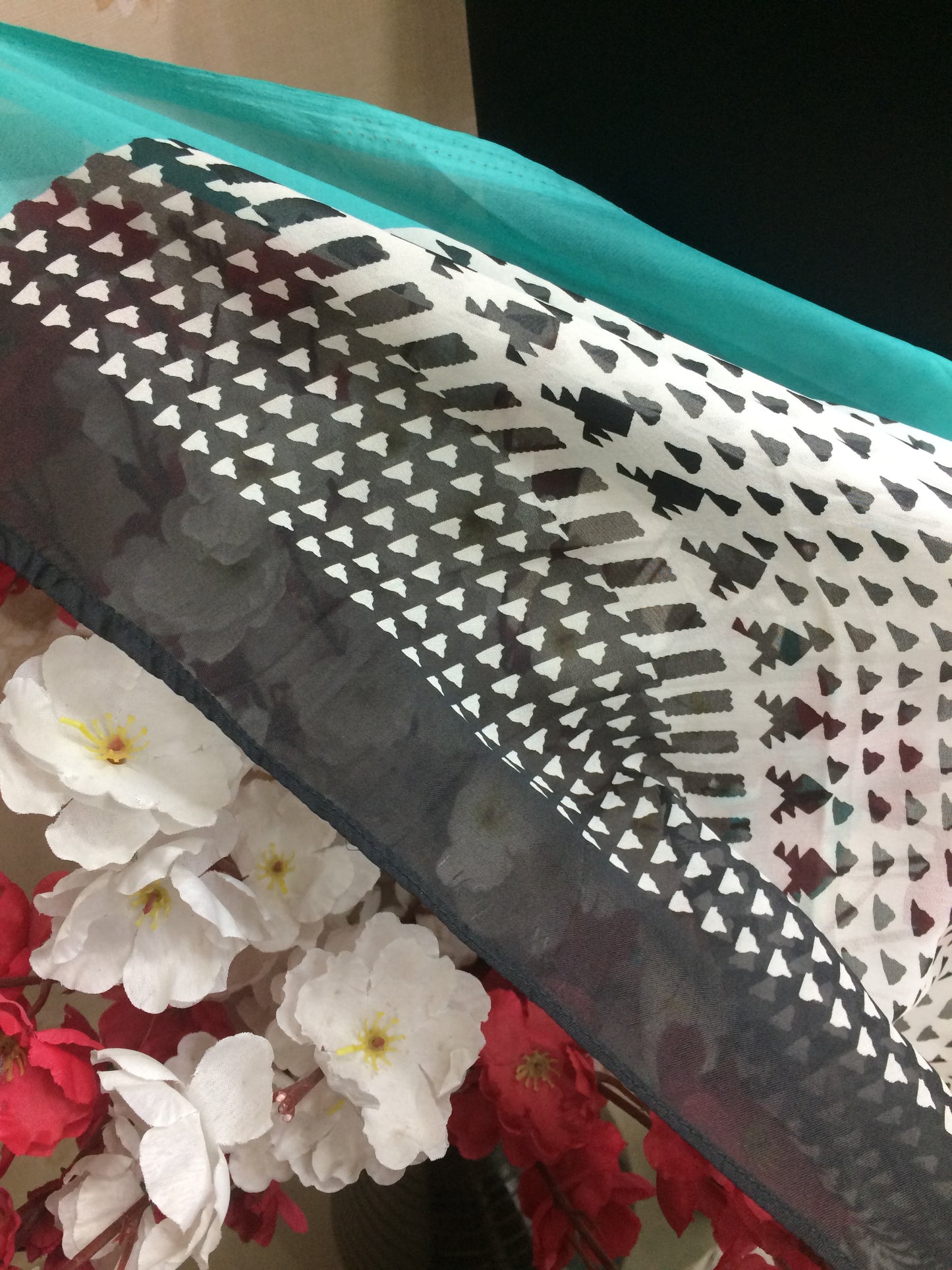 Contemporary White & Black Printed Chiffon Dupatta with Teal/Turquoise Border