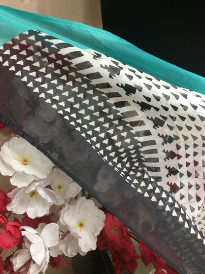 Contemporary White & Black Printed Chiffon Dupatta with Teal/Turquoise Border