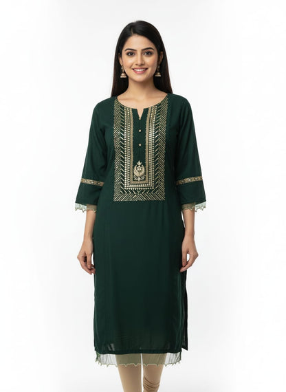 Regal Forest Green Rayon Kurti with Heavy Gold Zari & Sequin Work