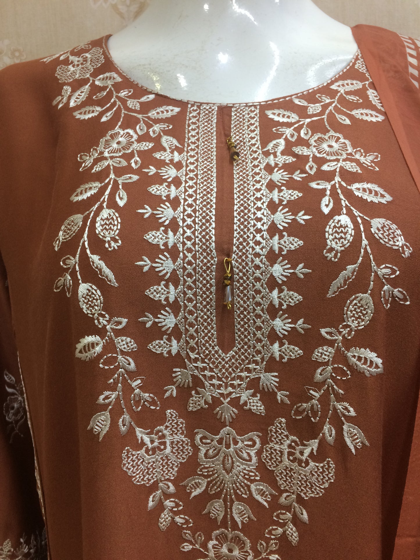 Elegant Embroidered rust and brown rayon Suit Set with Printed Dupatta