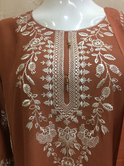 Elegant Embroidered rust and brown rayon Suit Set with Printed Dupatta