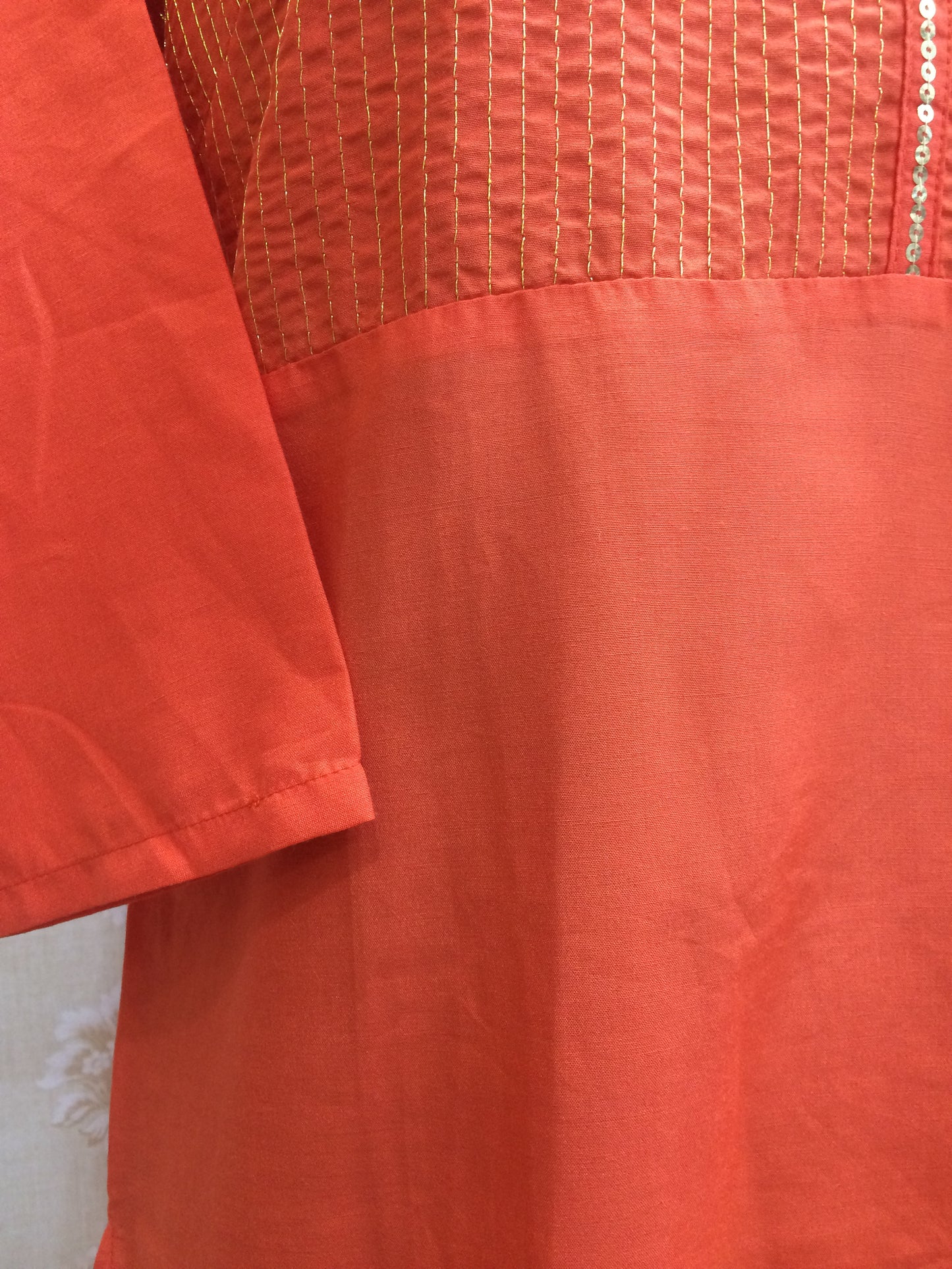 Elegant Orange Cotton Straight-Cut Kurti with Yoke Embroidery