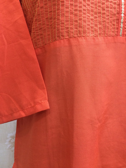Elegant Orange Cotton Straight-Cut Kurti with Yoke Embroidery