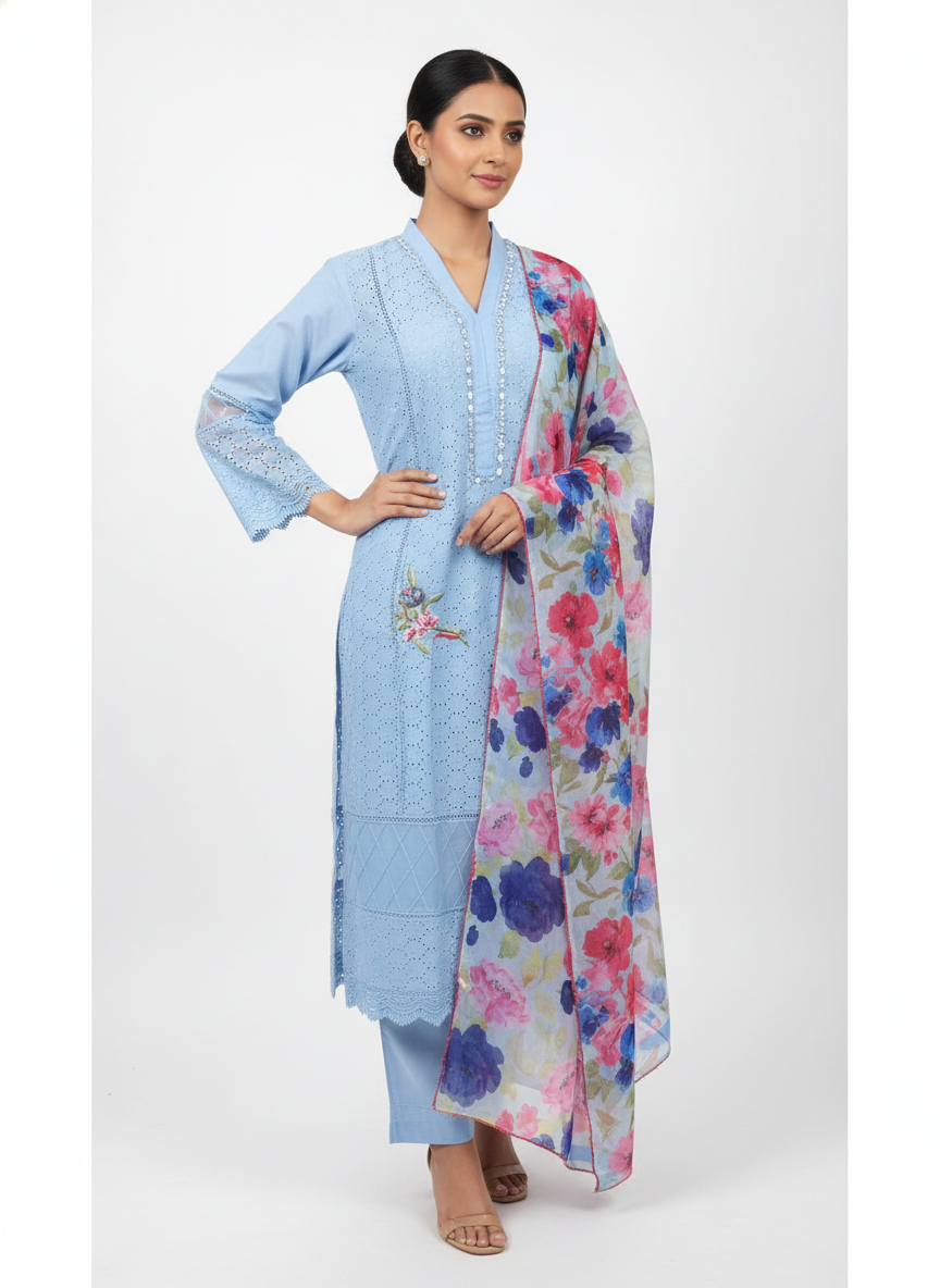 Pakistani chiffon dupatta mint green and sky blue