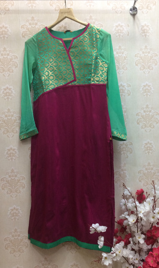 Vibrant Magenta & Green Color Block Kurti with Gold Brocade Yoke